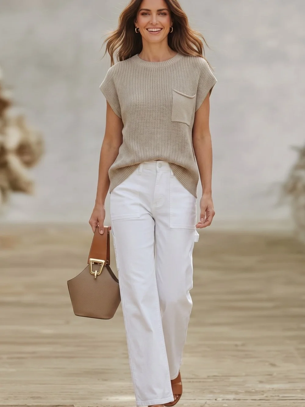 LILLUSORY 100% Cotton Sweater Top Large Beige Knit Sleeveless With Pocket - Picture 1 of 10